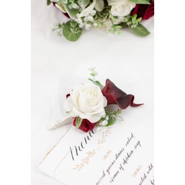 Floinla Burgundy Corsage and Boutonniere Set for Wedding Prom, Artificial Calla Lily Rose Flower Wrist Corsage Bracelets, Homecoming Wristlet, Boutonniere for Men Suit Decorations
