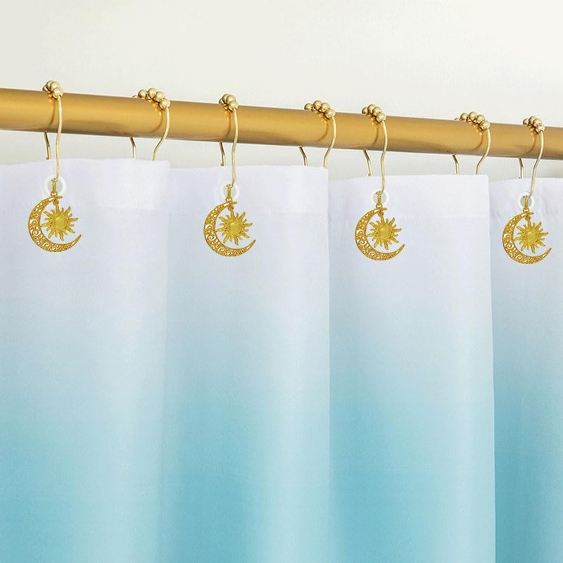 Celestial Shower Curtain Hooks 12 Pcs, Decorative Gold Sun Moon