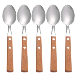 Stainless Steel Dinner Spoons, Buffet Serving Spoons Salad Serving Spoons Dessert Spoon Western Food Spoon with Wooden Handle 5pcs Brown