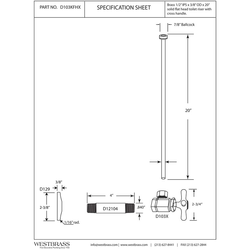 Westbrass Flat Head Toilet Kit with Cross Handles, 1/2" IPS