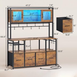 Itaar Bakers Rack with Power Outlet and LED Light, 47.2'' Microwave Stand with Storage, Kitchen Coffee Bar Cabinet with Glass Door, 4 Drawer, Wine Rack, Goblet Holder and 12 Hooks, Rustic Brown