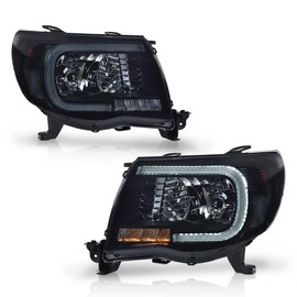 CROSSDESIGN LED Tube Projector Headlights Headlamps w/o Bulb Smoke Lens Black Housing Clear Reflector Compatible with Toyota Tacoma 2005-2011