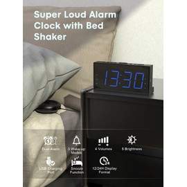 ROCAM Loud Alarm Clock with Bed Shaker for Heavy Sleepers, Vibrating Dual Alarm for Hearing-Impaired, Deaf, 7.5'' Screen, 12/24H, DST, Snooze, 5 Dimmer, 5 Volume Levels-Blue