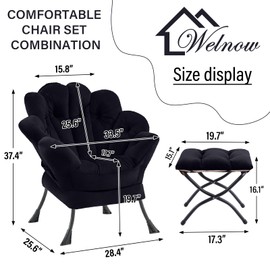 Welnow 2024 Lazy Chair with Ottoman, Comfy Reading Chair Lounge Accent Chair Modern Floral Chair with Footrest Butterfly Leisure Living Room Chair for Small Spaces, Bedroom, Dorm Room, Velvet Black
