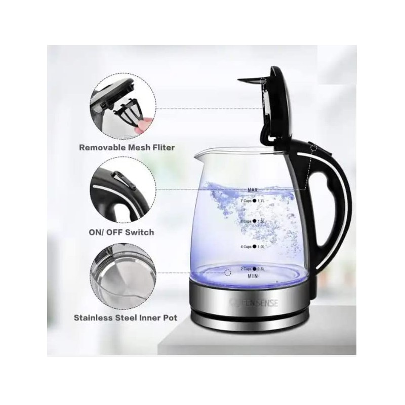 QUEENSENSE 1.7L 360° Rotational Base High Stilbene Led-Light Electric Glass