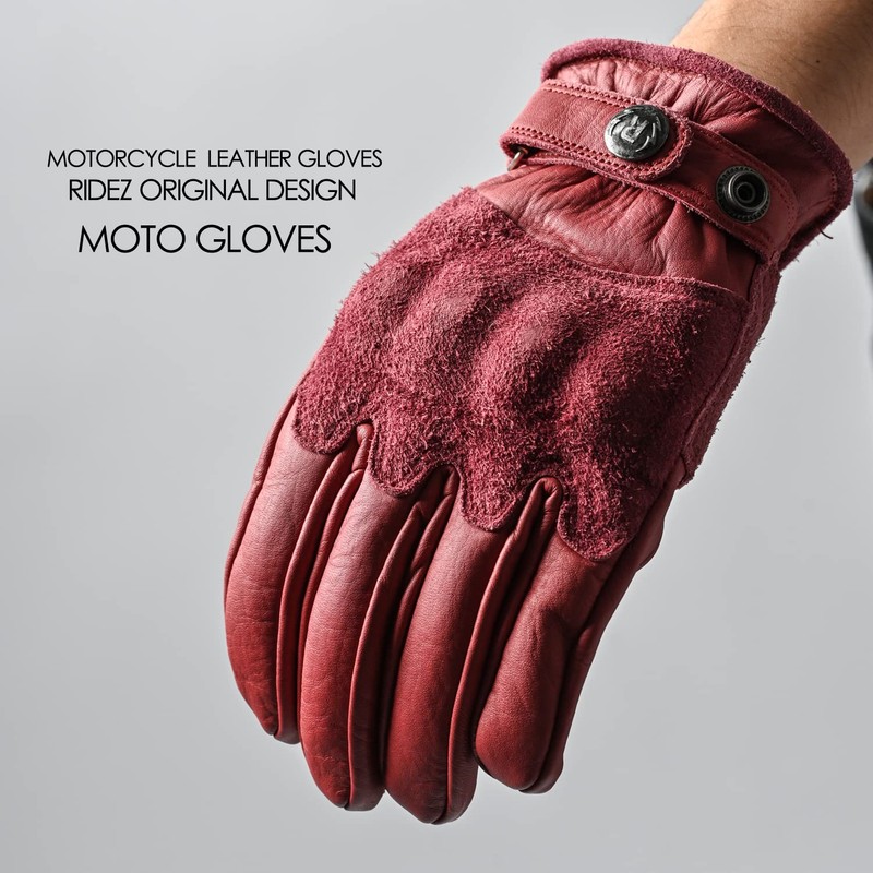 RIDEZ RLG2202-RED-M Motorcycle Genuine Leather Gloves, Short, Smartphone Compatible, Men's