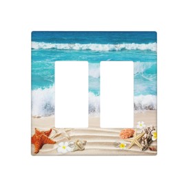Blue Ocean White Sand Beach 2 Gang Wall Plate Covers Seashells Starfish Double Rocker Light Switch Cover Decorative Wallplate Face Plates for Electrical Outlets Kitchen Bathroom Bedroom 4.5 x 4.5