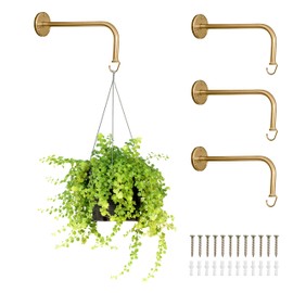 Ilyapa 4 Pack Metal Plant Wall Hanger Hooks - 7 in. Hook for Hanging, Baskets, and Macrame, Indoor Hangers in Rustic Brass Finish, Wall Planters