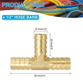 PATIKIL 1/2" Barb Tee Fitting, 3 Way Union T-Shaped Brass Hose Barbed Fittings Intersection for Water Fuel Air Oil Gas