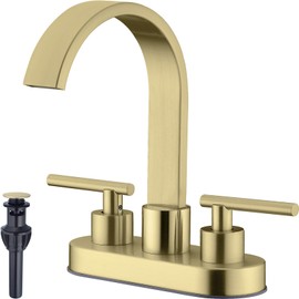 TRUSTMI 4" Centerset Bathroom Faucet 3 Hole, High Flow Waterfall Spout, Brushed Gold | Commercial Grade Stainless Steel | 360° Swivel, with Pop-Up Drain & cUPC Lines