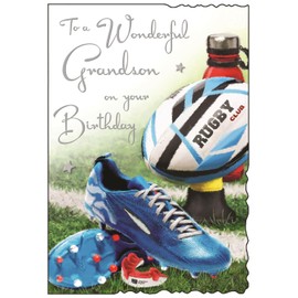 Grandson Birthday Card - Wonderful Grandson - Sporty Rugby Design - Special Finishes and Illustrated Insert Leaf - Made in the UK