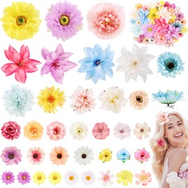 36 Pcs Flower Hair Clips Artificial Hair Flowers Clips Bright Flowers Mix Silk Flowers Dahlia Roses with Clip for DIY Wedding Bridal Hairstyles, Baby Shower, Costume Decor