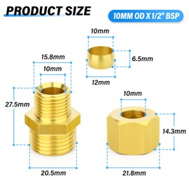 TAILONZ PNEUMATIC 2PCS Brass Compression Tube Pipe Fitting Connector, 10MM Tube OD x 1/2" BSP Male Connector