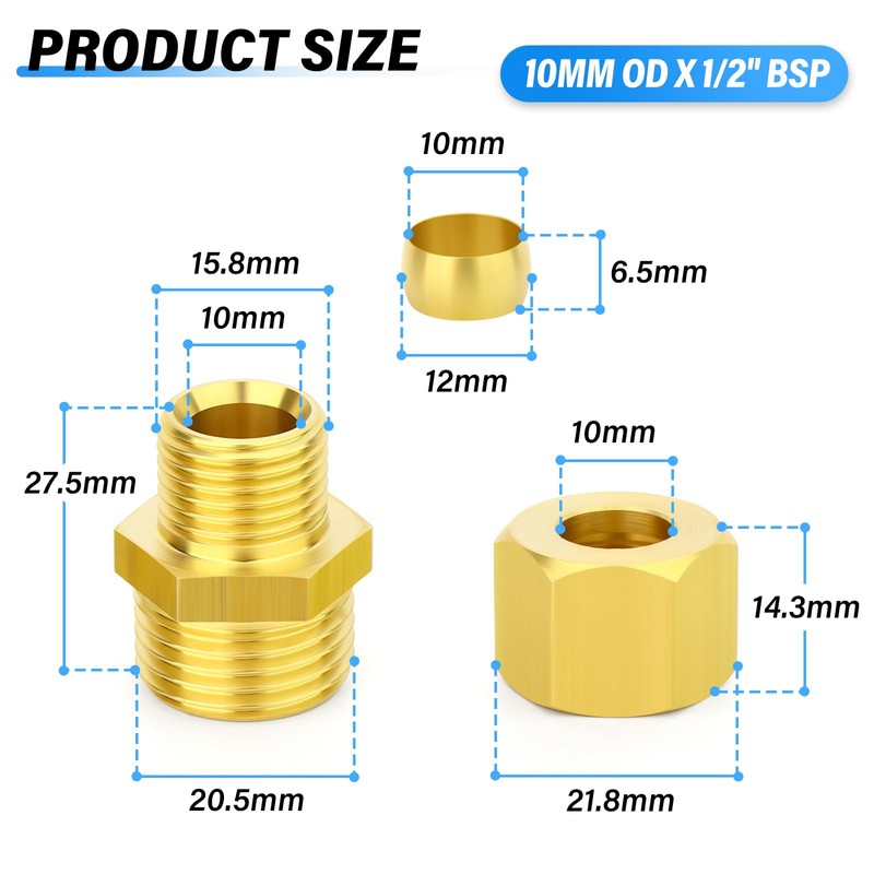 TAILONZ PNEUMATIC 2PCS Brass Compression Tube Pipe Fitting Connector, 10MM