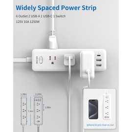 Power Strip 6 Outlet Extender with 3 USB Ports, 5 FT Extension Cord with Switch, Flat Plug Power Strip Multi Outlets for Home, Office, Dorm, Kitchen, White