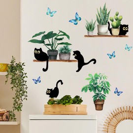 WOHAHA Wall Sticker, Cat, Cute, Small Black Cat, Potted Plant, Green, Wall Decoration, Living Room Home Decor, Wall Decoche, Wall Sticker, Removable Stylish, Waterproof, Children's Room, Nursery,