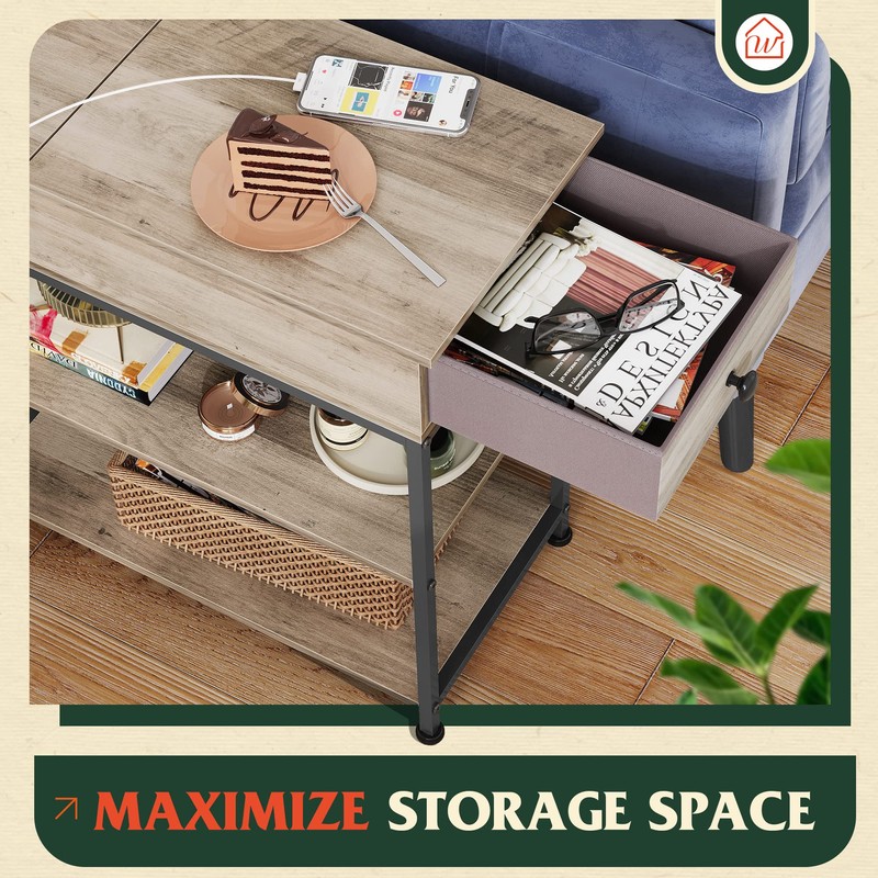 WLIVE Narrow Side Table with 2 USB Ports and 2