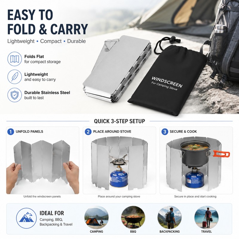 Camping Stove Windscreen for Outdoor Cooking – Foldable Aluminum Wind