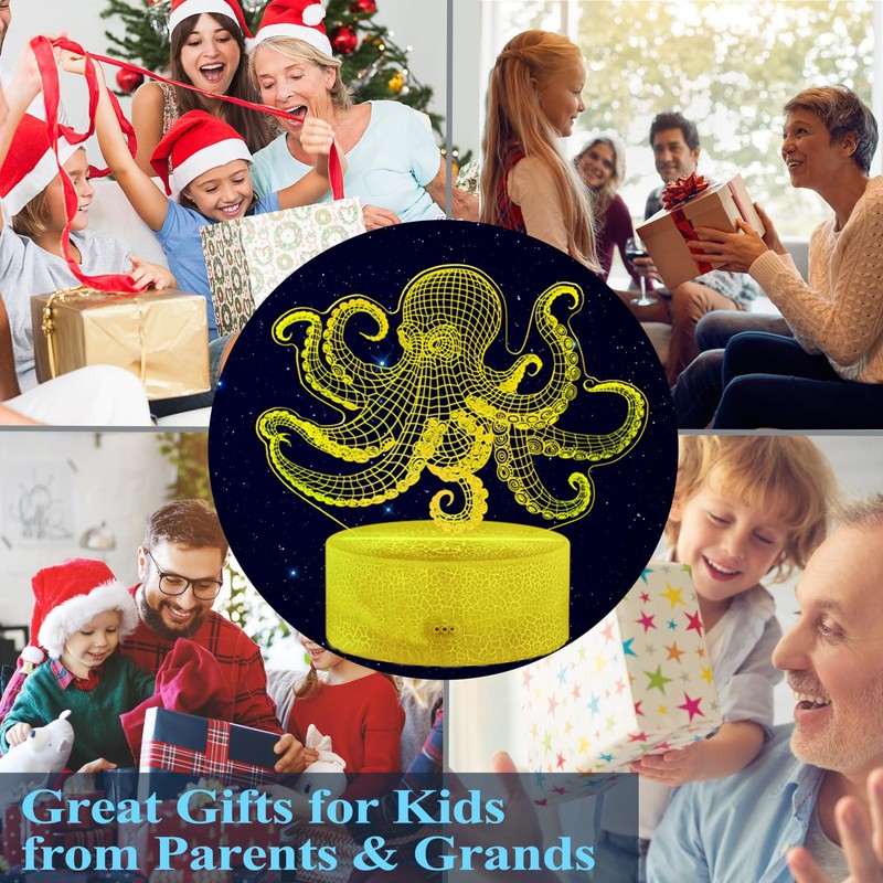 POSSHE Octopus Night Light, 3D Illusion Night Light Lamp, Octopus