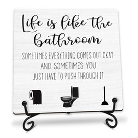 5" Funny Bathroom Wood Signs Decor - Life Is Like The Bathroom - Small Restroom Shelf Decoration For Home Office Bath room Decor And Accessories - A05