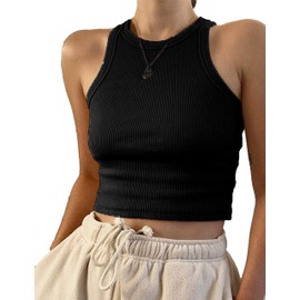 KAMISSY Cotton Rib-Knit Racerback Basic Tank Tops for Women Girls Sleeveless Vest Binding Y2k Crop Tank Top Black L