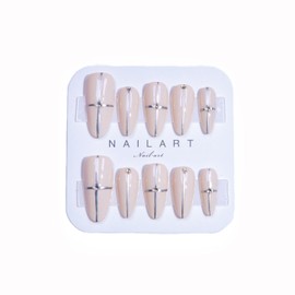Soovbk Handmade Press on Nails, Medium Almond Fake Nails, Silver Line Designs with Rhinestone False Nails, Professional Hand-painted Nail Design 10 pcs Set (Size M)