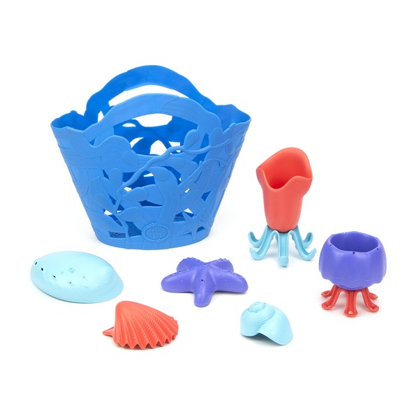 Green Toys Oceanbound Tide Pool Set - 7 Piece Pretend Play, Motor Skills, Kids Bath Toy Floating Pouring Shells with Storage Bag. No BPA, phthalates, PVC. Dishwasher Safe, Recycled Plastic, Made in USA.