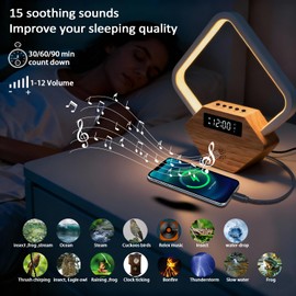 Wood Sunrise Alarm Clock with White Noise Machine 3 Color Night Light 15 Soothing Sounds Sleep Aid 30/60/90min Timer 10 Alarm Ringtones USB C PD Phone Charger Anniversary Birthday Gifts for Women Men