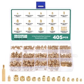 Faankiton Pack of 405 Threaded Inserts, 3D Print Brass Nuts 2#-56、4#-40、6#-32、8#-32、10#-32、1/4"-20 Inch (UNC), Threaded Insert Female Thread Knurled Brass Nuts, 15 Brass Embedding Nuts