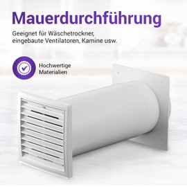 Vioks.pro Wall Box 125 with Backflow Flap and Outer Grille - Wall Duct 125 Extendable / Wall Duct Air Conditioning Cooker Hood