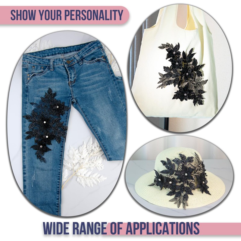 Silvora 3D Embroidered Flower Fabric Beaded Rhinestones Pearl Lace Applique,