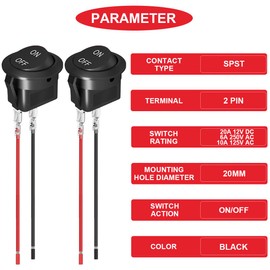 MKBKLLJY Round Rocker Switch 12V DC ON Off Switch Circle Black Rocker Switch 2Pin SPST 2Position 6A/250V 10A/125V AC 20mm Mini Rocker Switch with Clamp Wires Wiring Cap for Car Pack of 10