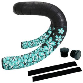 MARUHADO Bicycle Bar Tape, Road Bike, Drop Handlebar Tape, Left & Right Set, Anti-Slip, End Plug Included, Cherry Blossom Pattern, Black/Green