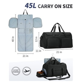 WANDF Convertible Garment Bag for Travel, Carry On Garment Duffle Bag with Wet Pocket & Toiletry Bag, 2 in 1 Hanging Suitcase, Suit Travel Bag, Weekender Bag for Men Women(Pure Black)