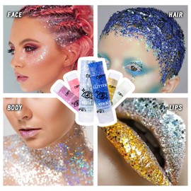 Prreal Body Glitter, Mermaid Face Glitter Stick Makeup Holographic Sequins, Hair Glitters Eyeshadow Body Shimmer for Rave Accessories, Stage Christmas Festival Makeup Glitter (Gold)