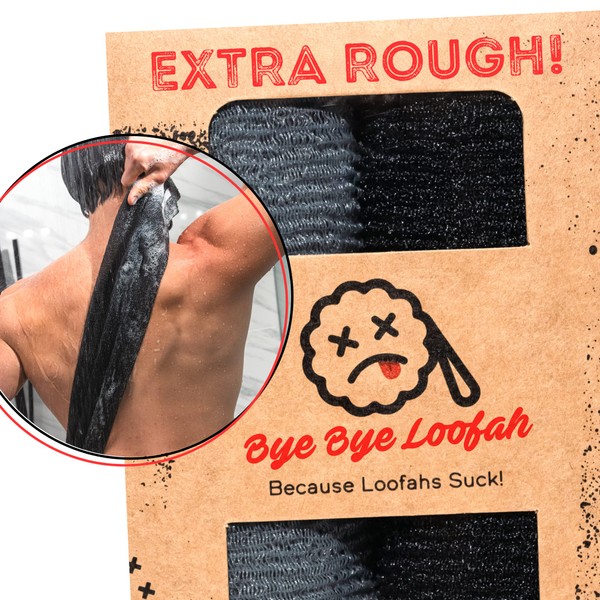 Extra Rough Exfoliating Washcloth - Extreme Body & Back Scrubber for Shower, Extra Long, Hygienic Exfoliator Wash Cloth, Men Or Women, 2 Count Pack, 1 Black & 1 Grey Color, Bye Bye Loofah