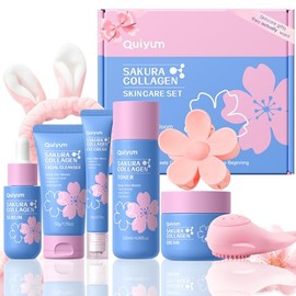 Sakura - Set de cuidado de la piel de colágeno, rutina de piel de cristal de 8 piezas con limpiador, tónico, suero, crema para ojos, hidratante | Hidr