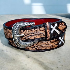 DANIEL'S ARTPLANET Western Belt for Men Full Grain Leather Handmade Tooled Cowboy Belt with Removable Buckle 1.5” (Fits size 44 jeans)