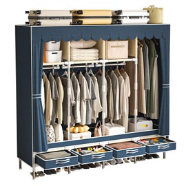 LEAIJIAFY 67 Inch Freestanding Large Stand Up Closet Racks for Hanging Clothes,16MM Metal Heavy Duty Portable Clothes Closet Wardrobe with Drawers,Blue Non Woven Fabric Cover,for Bedroom,Small Room