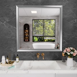 Amorho 36x36 Inch Bathroom Mirror Silver, Thick Metal Framed Wall Mirrors for Over Sink, Brushed Nickel Mirror Perfect for Bedroom, Living Room, Entryway, Rectangle (Horizontal/Vertical).
