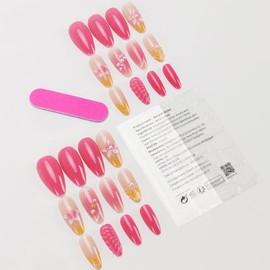 Pink Press on Nails Short Almond Fake Nails with 3D Pearl Shell Pattern Flowers Designs Yellow French False Nails Full Cover Nude Acrylic Nail Art Tips Gradient Artificial Nails for Women 24 Pcs