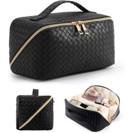 SOZOMO Cosmetiquera de Viaje de Gran Capacidad ，Bolsa de Maquillaje de Cuero PU Impermeable con Asa y Separadores， Bolsa Organizadora de Cosmeticos, Neceser de Viaje para Mujer Portátil (Negro)