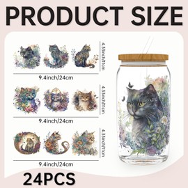 24PCS UV DTF Cup Wrap Stickers, Dreamy Cats Rub on Transfers for Crafts, Permanent DIY Transfer Decals for 16oz Libbey Glass Cans, Mugs, Candles, Notebooks and Flower Pots