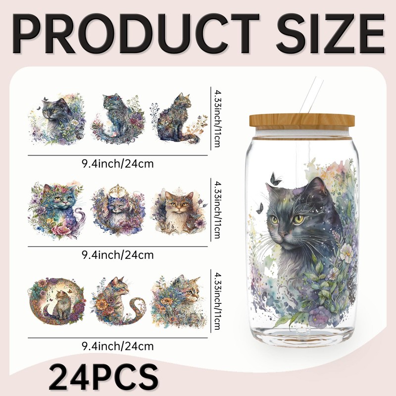 24PCS UV DTF Cup Wrap Stickers, Dreamy Cats Rub on