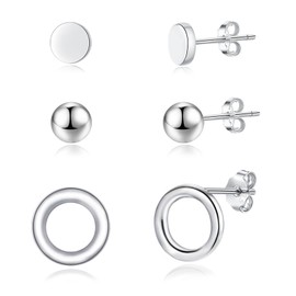 Loutade Stud Earrings 925 Silver, 3 Pairs 925 Sterling Silver Women's Stud Earrings Set, Hypoallergenic Earrings, 925 Silver Stud Earrings for Multiple Ear Holes (Circle, Ball, Disc) Gifts for Men