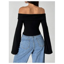 SOLY HUX Women's Long Bell Sleeve Crop Top Off The Shoulder Going Out Tops Sexy Y2K Fitted Tee Shirts Pure Black Small