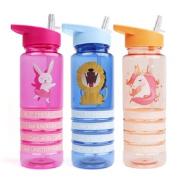 Myga Kids Water Bottle with Wristbands – 650ml Childrens Leakproof Water Bottle with Straw & Carry Handle - Lightweight BPA-Free Reusable Drinks Bottle for Kids with Affirmation Bracelets – Unicorn
