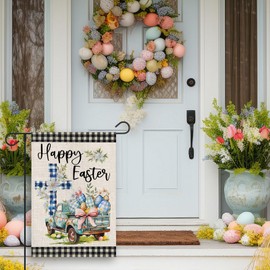 FUYUCHEN Happy Easter Garden Flag 12x18 Inch Double Sided Outside Buffalo Plaid Truck Eggs Cross Flowers Yard Outdoor Decoration