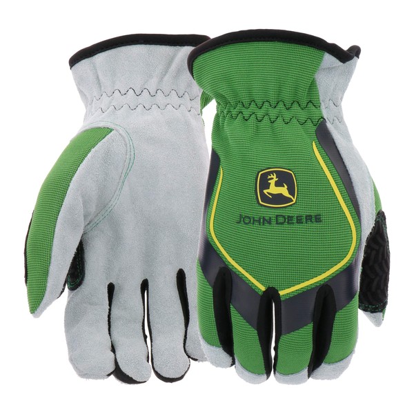 John Deere Men's Split Cowhide Leather Palm Gloves, Cut Resistant, Keystone Thumb, Flexible Fit, Green/Black, X-Large (JD00035-XL)