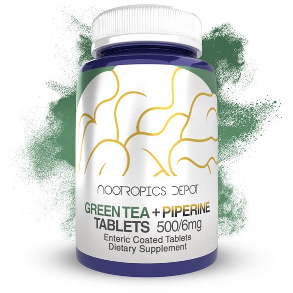 Nootropics Depot Green Tea Extract Tablets | 60 Count | 500mg | Minimum 45% EGCG + 6mg Piperine | Enteric Coated